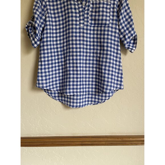 Chico's Size 0/Small/US 4 Blue White Buffalo Plaid Gingham No Iron 100% Linen Po - Picture 4 of 10